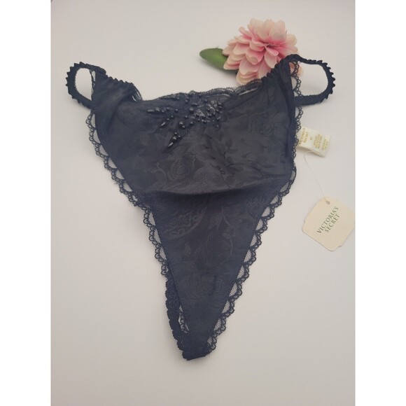 Vtg M/L Victorias Secret Satin T Back / Thong Panties String Beaded BLACK NWT - Picture 1 of 10